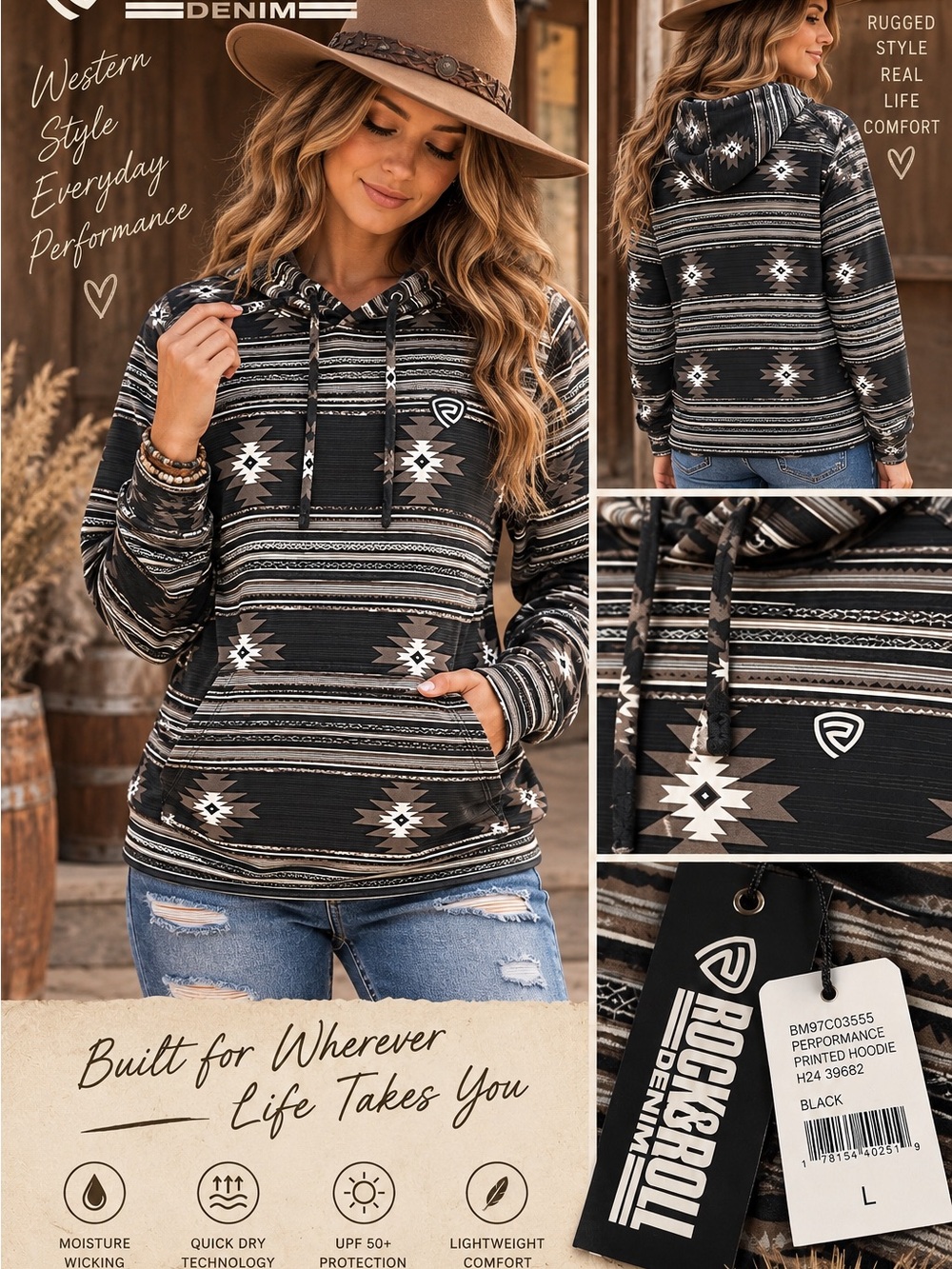 Rock & Roll Denim Aztec Performance Hoodie NWT | Black | L